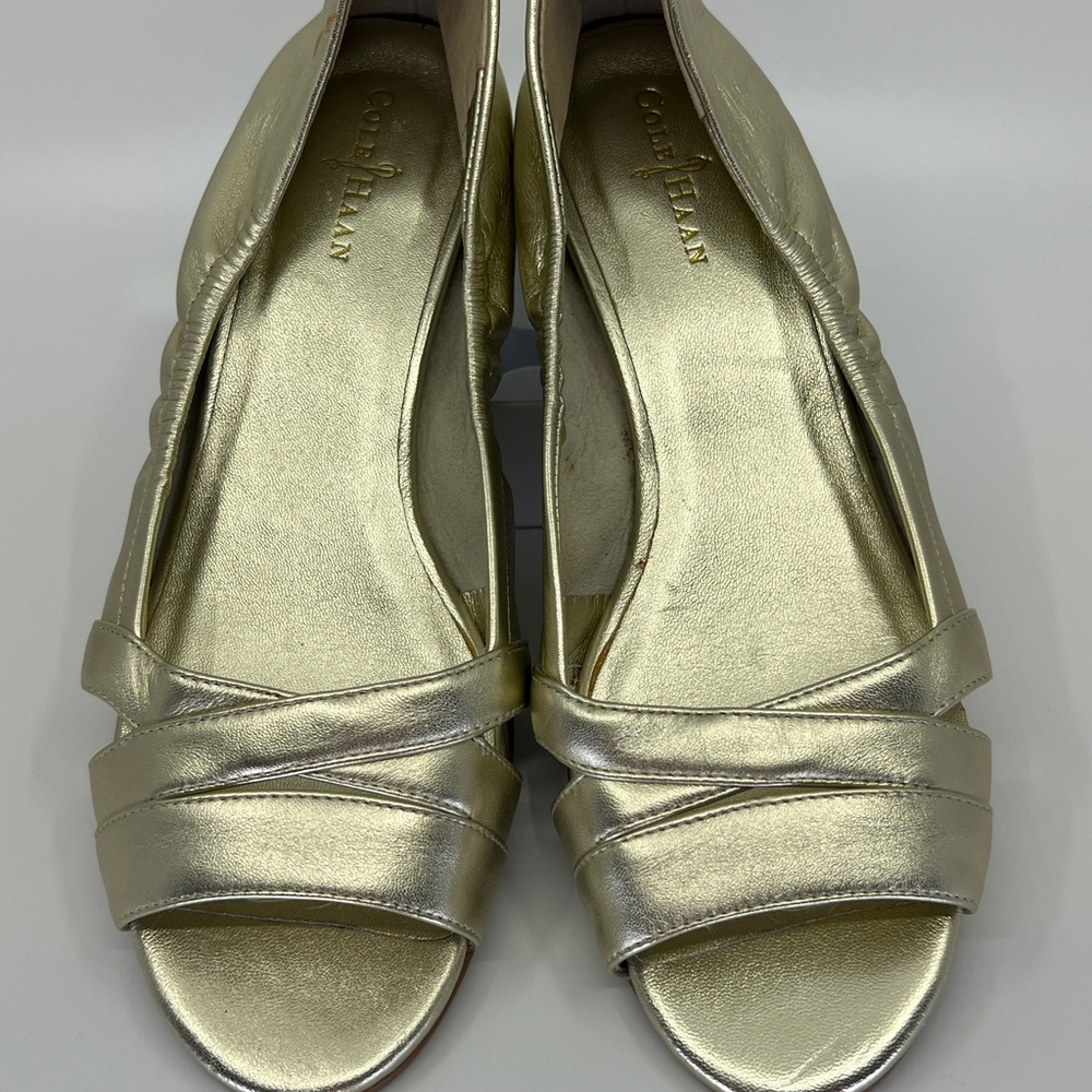 Cole Haan Open Toe Metallic Gold Low Wedge Heel Sandals